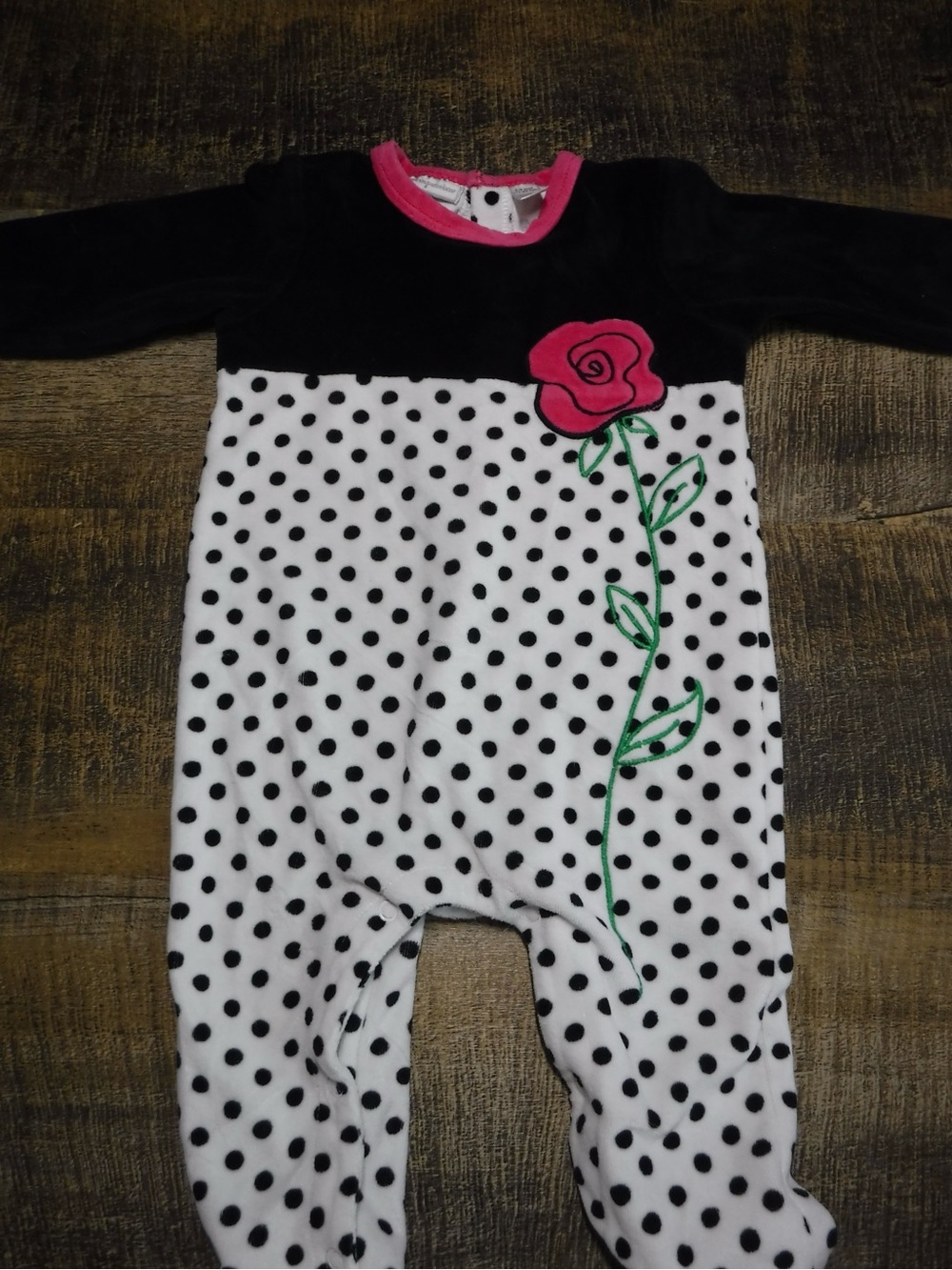 Black & White Polka Dot Baby One-Piece with Pink Rose Accent